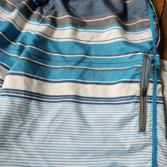 OP Men’s Medium 32 34 Swim Shorts Blue Surf Board Trunks Pockets Striped Grey - Picture 2 of 8